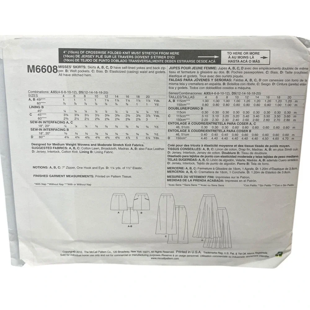 McCALL'S M6608 Misses‎ Skirts Sewing Pattern Size AX5 4-12 Modern